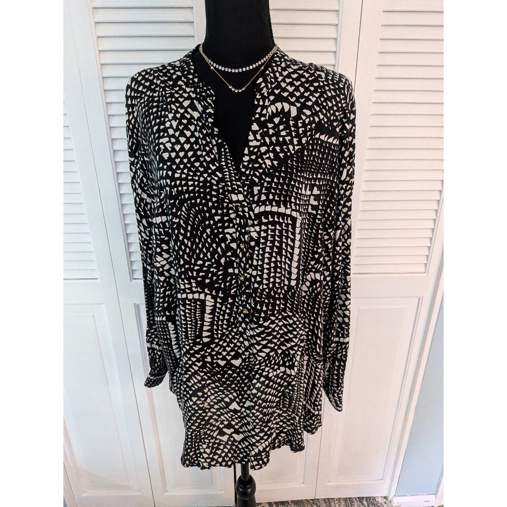 Philosophy Button Front Blouse Womens 2X Black White Artsy Office Work Flowy Top